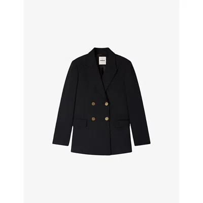 SANDRO WOMENS BLACK DOUBLE-BREASTED PEAK-LAPEL WOOL BLAZER