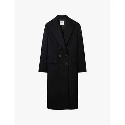 Sandro Womens Black Double-breasted Peak-lapels Woven Coat In Blue