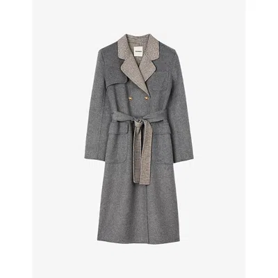 Sandro Womens Grey Double-breasted Tie-belt Wool-blend Coat In Gray