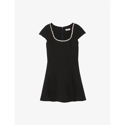 Sandro Womens Black Embellished Capped-sleeve Woven Mini Dress