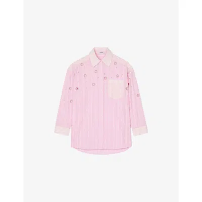 Sandro Womens Roses Embellished Striped Cotton Shirt