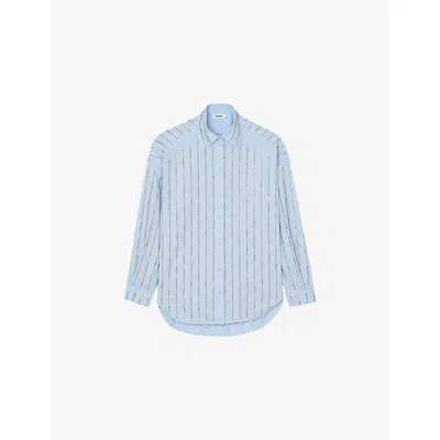 Sandro Womens Bleus Embellished Tie-front Cotton Shirt