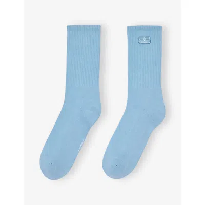 Sandro Womens Bleus Embroidered Logo-patch Ribbed Stretch-cotton Socks