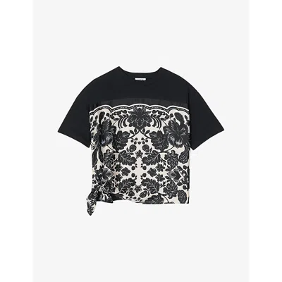 Sandro Womens Naturels Floral-pattern Tie-hem Cotton T-shirt