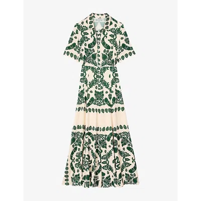 SANDRO WOMENS NATURELS FLORAL-PRINT COLLARED SATIN MAXI DRESS