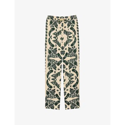Sandro Womens Floral-print High-rise Crinkled Woven Trousers Naturels