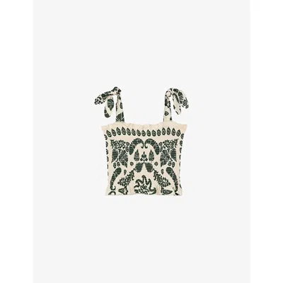 Sandro Womens Naturels Floral-print Smocked Woven Top