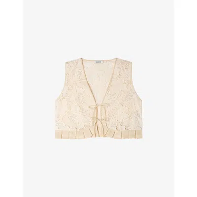 Sandro Womens Ecru Floral Tie-front Lace Top In Neutral