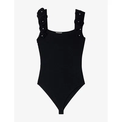 Sandro Womens  Floral-embellished Slim-fit Knitted Bodysuit In Black