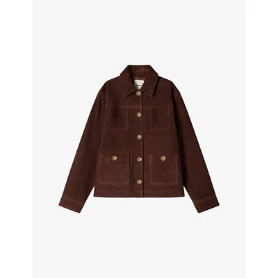 SANDRO WOMENS BLACK BROWN FOUR-POCKET SUEDE JACKET