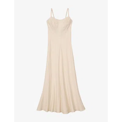 SANDRO WOMENS GATHERED-NECKLINE LINEN-BLEND MAXI DRESS NATURELS