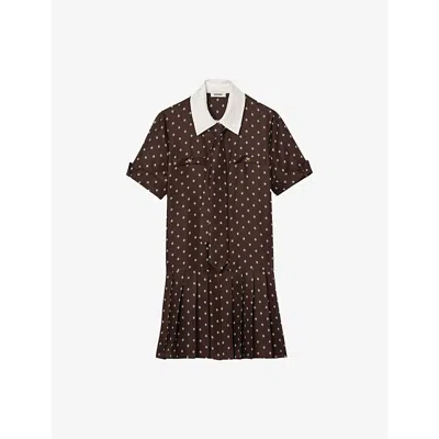 Sandro Womens Brown / White Geometric-print Contrast-collar Satin Mini Dress In Multi