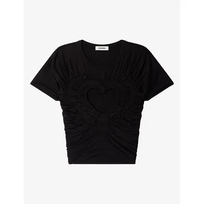 Sandro Womens  Heart Cropped Stretch-jersey T-shirt In Black