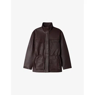 Sandro Womens  High-neck Four-pocket Leather Jacket In Bordeaux