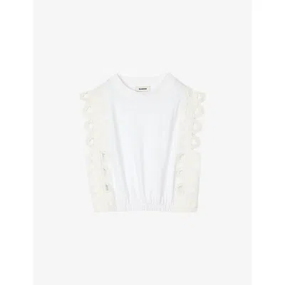 Sandro Womens Naturels Lace-trim Cropped Cotton Top