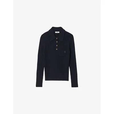 Sandro Womens Navy Blue Long-sleeved Polo-collar Knitted Jumper