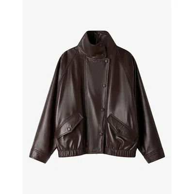 Sandro Womens  Oversized Funnel-neck Leather Jacket In Brown