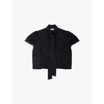 Sandro Womens Black Paisley Jacquard Crop Woven Top