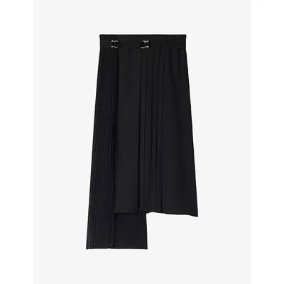 Sandro Womens  Pleated Asymmetric Woven Midi Skirt In Black
