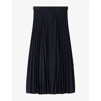 Sandro Womens  Pleated Button-down Wool-blend Midi Skirt In Blue
