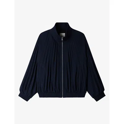 Sandro Womens  Pleated Zip-up Wool-blend Jacket In Navy Blue