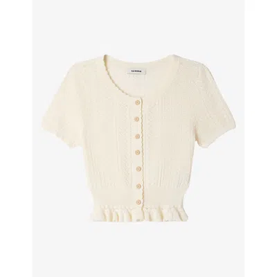 Sandro Womens  Pointelle Round-neck Stretch-knit Cardigan In Ecru