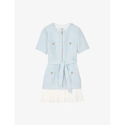 Sandro Womens Raw-trim Short-sleeve Tweed Mini Dress Bleus