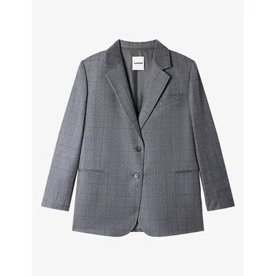 Sandro Womens  Rhinestone Check Wool Jacket In Dark Grey