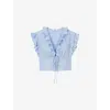 Sandro Womens Bleus Rhinestone-embellished Ruffled-trim Cotton Top In Bleus
