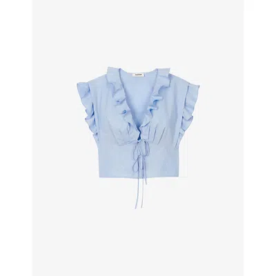 Sandro Womens Bleus Rhinestone-embellished Ruffled-trim Cotton Top