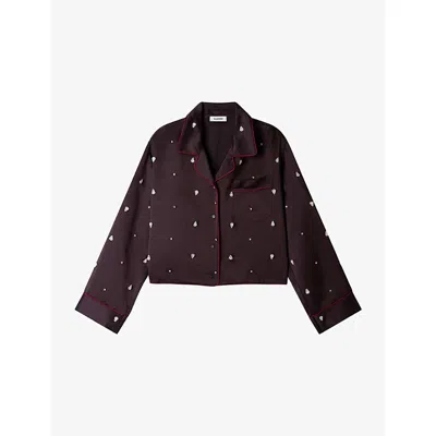 Sandro Womens  Rhinestone-embellished Long-sleeved Woven Shirt In Brown