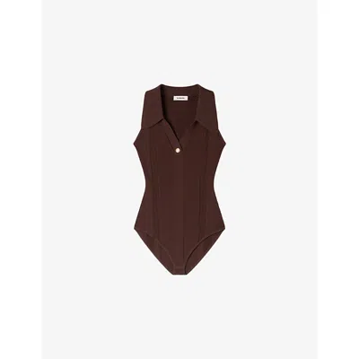 Sandro Womens Brown Ribbed Polo-collar Knitted Bodysuit