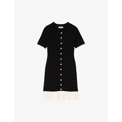 SANDRO WOMENS NOIR / GRIS RUFFLE-TRIM KNITTED MINI DRESS