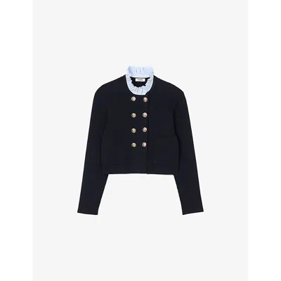 SANDRO WOMENS BLEUS RUFFLED-COLLAR WOOL AND COTTON-BLEND CARDIGAN