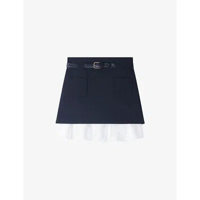 Sandro Womens  Ruffled-hem Belted Woven Mini Skirt In Black