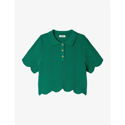 Sandro Womens  Scalloped-trim Cropped Stretch-knit Polo Shirt In Green