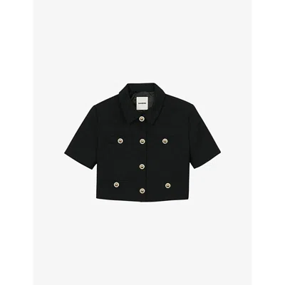 SANDRO WOMENS NOIR / GRIS SHORT-SLEEVED CROPPED WOOL-BLEND JACKET