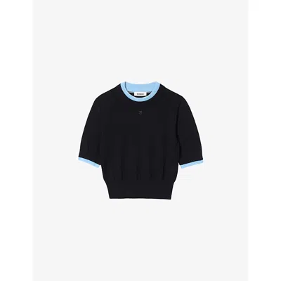 Sandro Womens Navy Blue Short-sleeved Knitted Wool Jumper