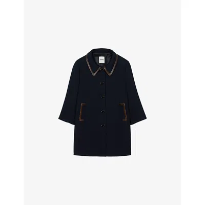 Sandro Womens Navy Blue Side-pocket Leather-trim Woven Coat