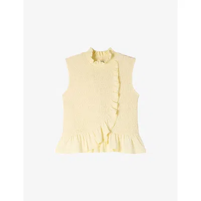 Sandro Womens Light Yellow Smocked Ruffled-collar Stretch-woven Top