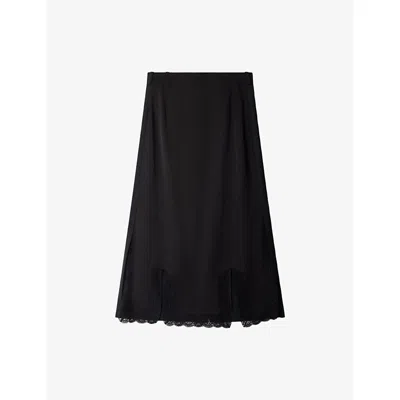 Sandro Womens  Split-hem Lace-trim Woven Midi Skirt In Black