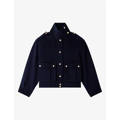 Sandro Womens  Stand-collar Double-face Wool Coat In Blue