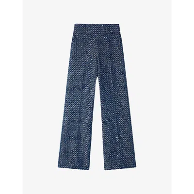 Sandro Womens  Straight-leg Sequin-embellished Cotton Trousers In Blue