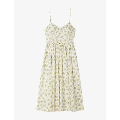 Sandro Womens  Strappy Floral-print Cotton Midi Dress In Olive / Ecru