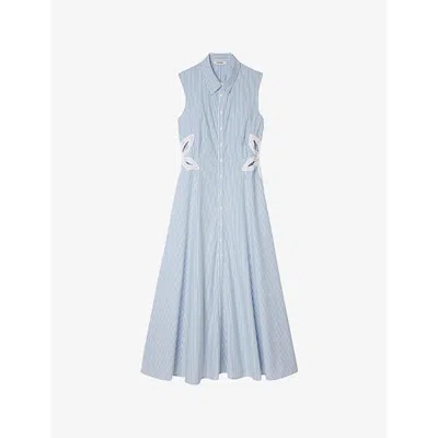 Sandro Womens Bleus Stripe-print Embroidered Stretch-cotton Maxi Dress