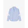 Sandro Womens Bleus Striped Lace-trim Cotton And Linen-blend Shirt In Bleus