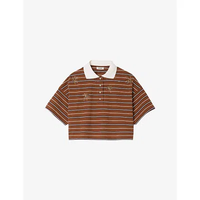 SANDRO WOMENS BROWN STRIPED POLO-COLLAR COTTON-JERSEY T-SHIRT