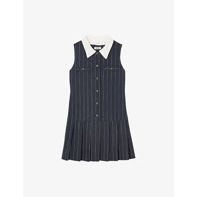 SANDRO WOMENS BLEUS STRIPED REMOVABLE-COLLAR WOVEN MINI DRESS