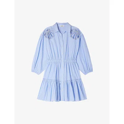 Sandro Womens Sky Blue Striped Rhinestone-embellished Cotton Mini Dress