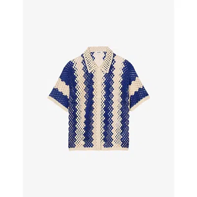 SANDRO WOMENS BLEUS STRIPED SHORT-SLEEVE OPEN-KNIT COTTON-BLEND SHIRT
